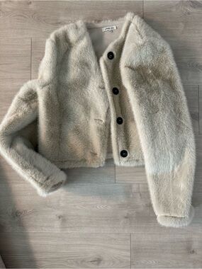 Charles Jourdan Cream Faux Fur Coat with Black Buttons